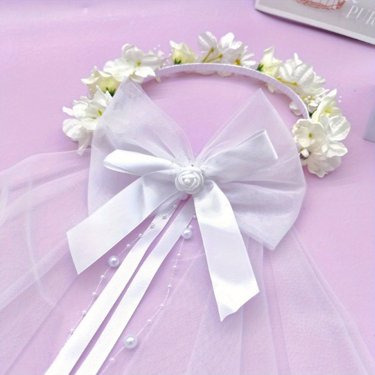 Short Wedding Veil with Floral Headband Sheer Lace Bridal Veil Flowers & Bow