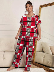 Leopard & Stripe Print Pajama Set Women's Tee & Pants