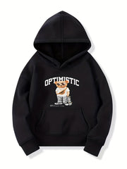 Skateboard Bear & OPTIMISTIC Letter Boys Hooded Sweatshirt