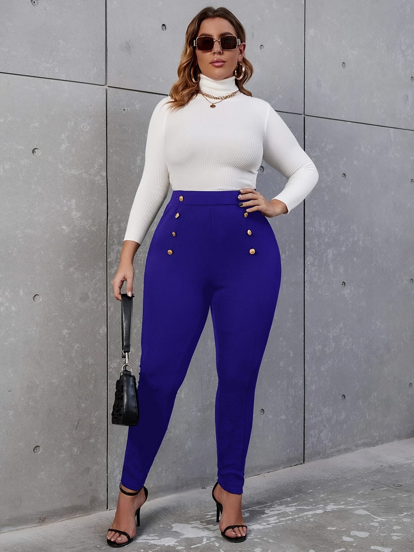  High Rise Double Breast Decor Skinny Pants