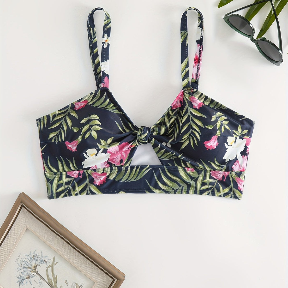  Tropical Print Bow Front V Neck High Stretch Bikini Top