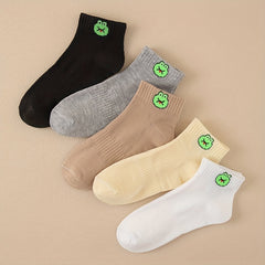 5 Pairs Frog Print Socks Crew Short Comfy Stockings Women's Hosiery