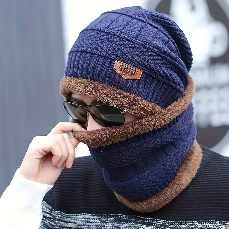 2pcs Men's Woolen Knit Hat & Neck Warmer Set