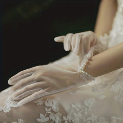 Ruched Bow Gloves Faux Pearl Decor Short Gloves
