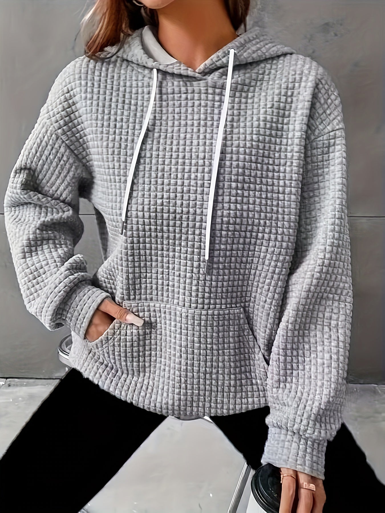  Solid Textured Long Sleeve Hoodie With Pockets