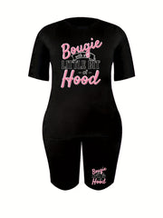Women's Plus Slogan Print Crop Top & Shorts Set