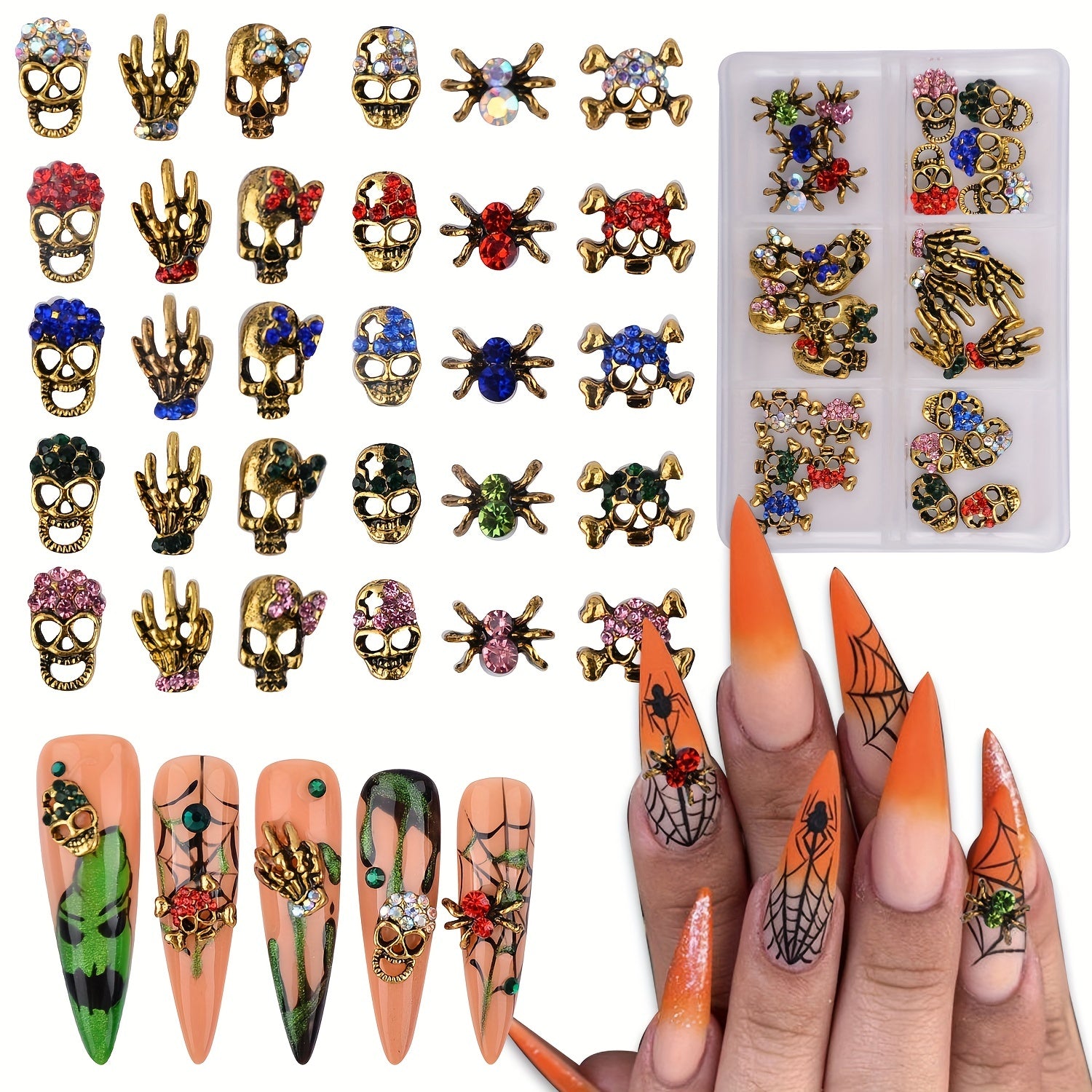 Halloween Nail Art Charms Kit with Rhinestones 3D Retro Metal Gems