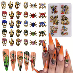 Halloween Nail Art Charms Kit with Rhinestones 3D Retro Metal Gems