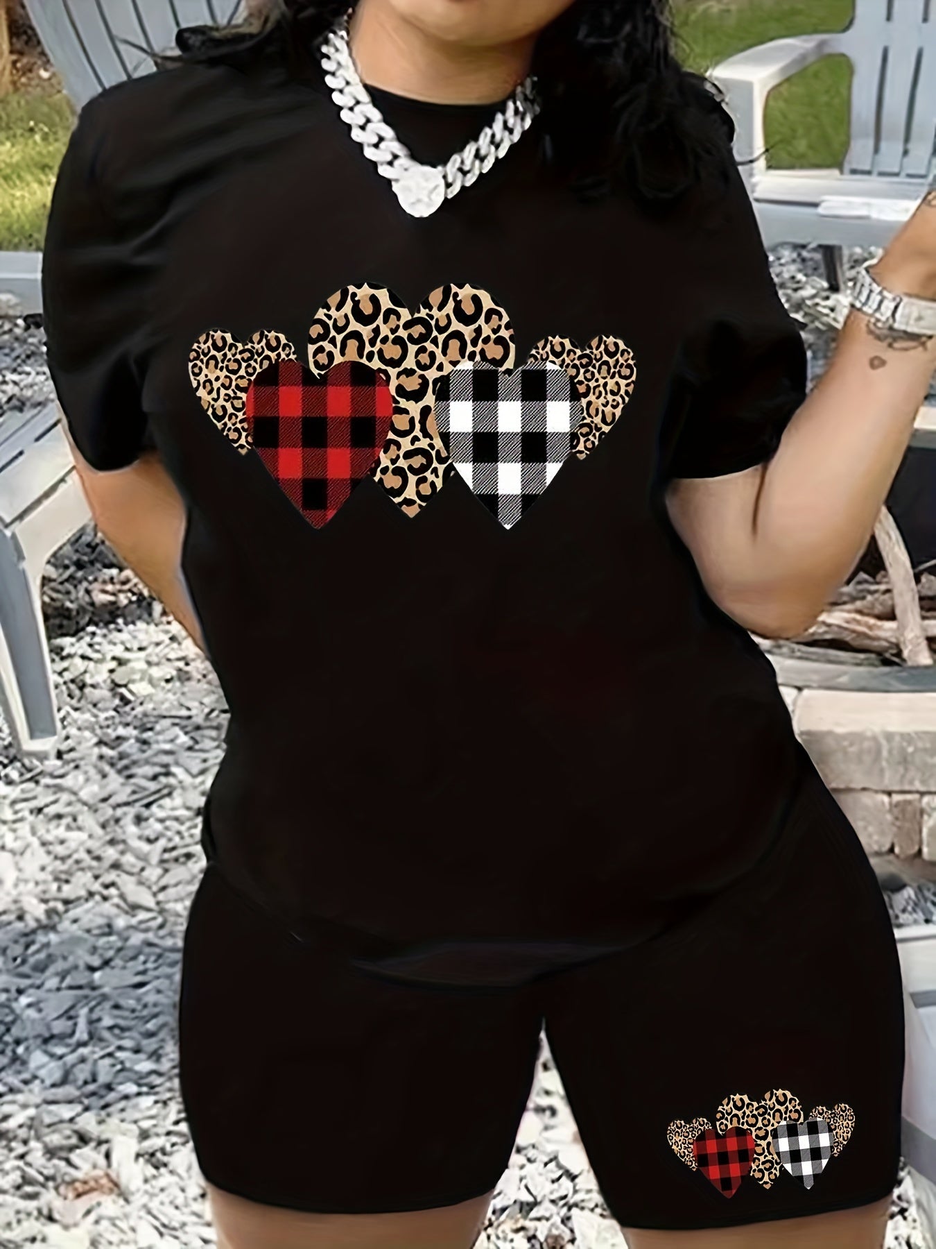  Gingham & Leopard Print Tee & Shorts Set