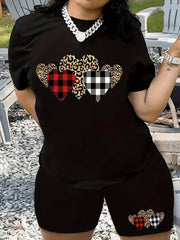  Gingham & Leopard Print Tee & Shorts Set