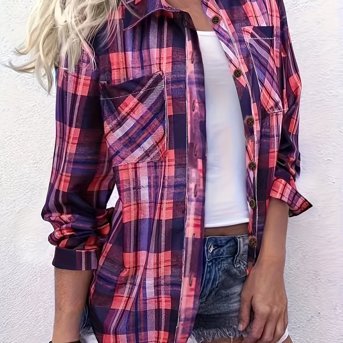  Plaid Print Long Sleeve Button Up Shirt