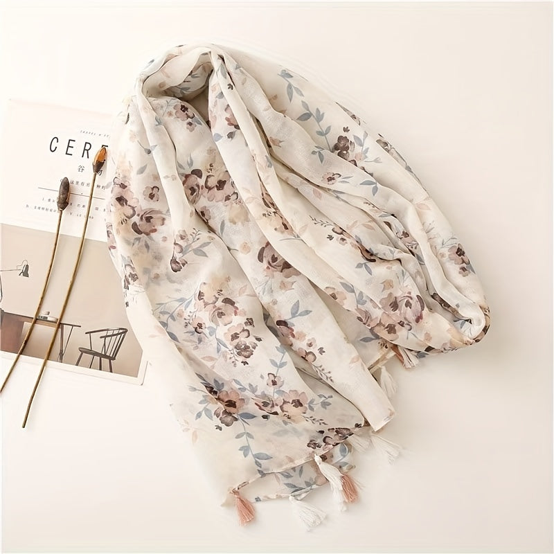 Floral Printed Sunscreen Tassel Scarf Shawl Lightweight