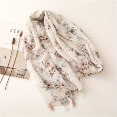 Floral Printed Sunscreen Tassel Scarf Shawl Lightweight