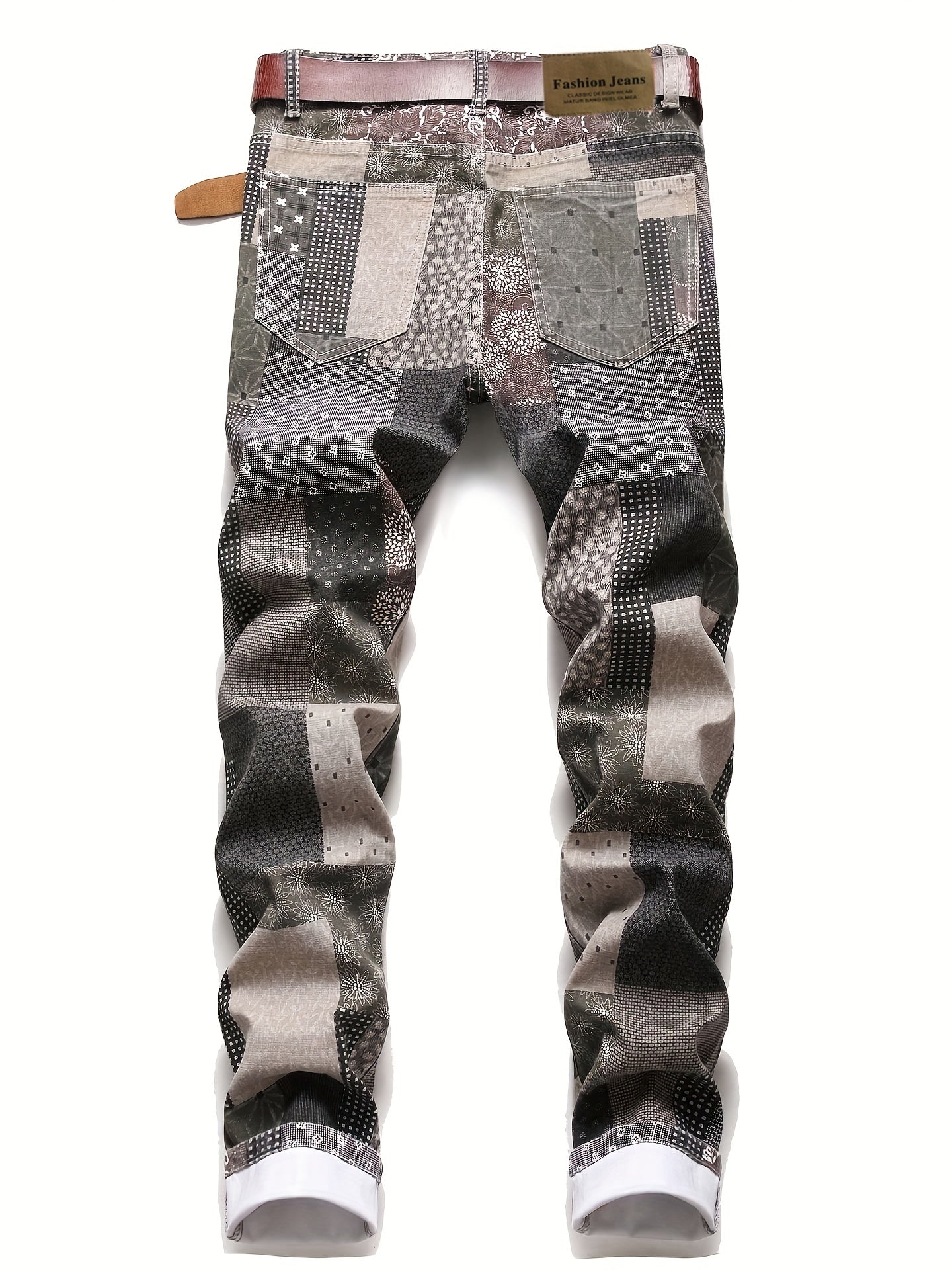Men's Plaid Allover Print Jeans Patchwork Style Denim Pants