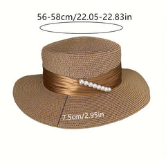 French Style Sun Hats Faux Pearl Strap Decor Flat Top Jazz Straw Hat