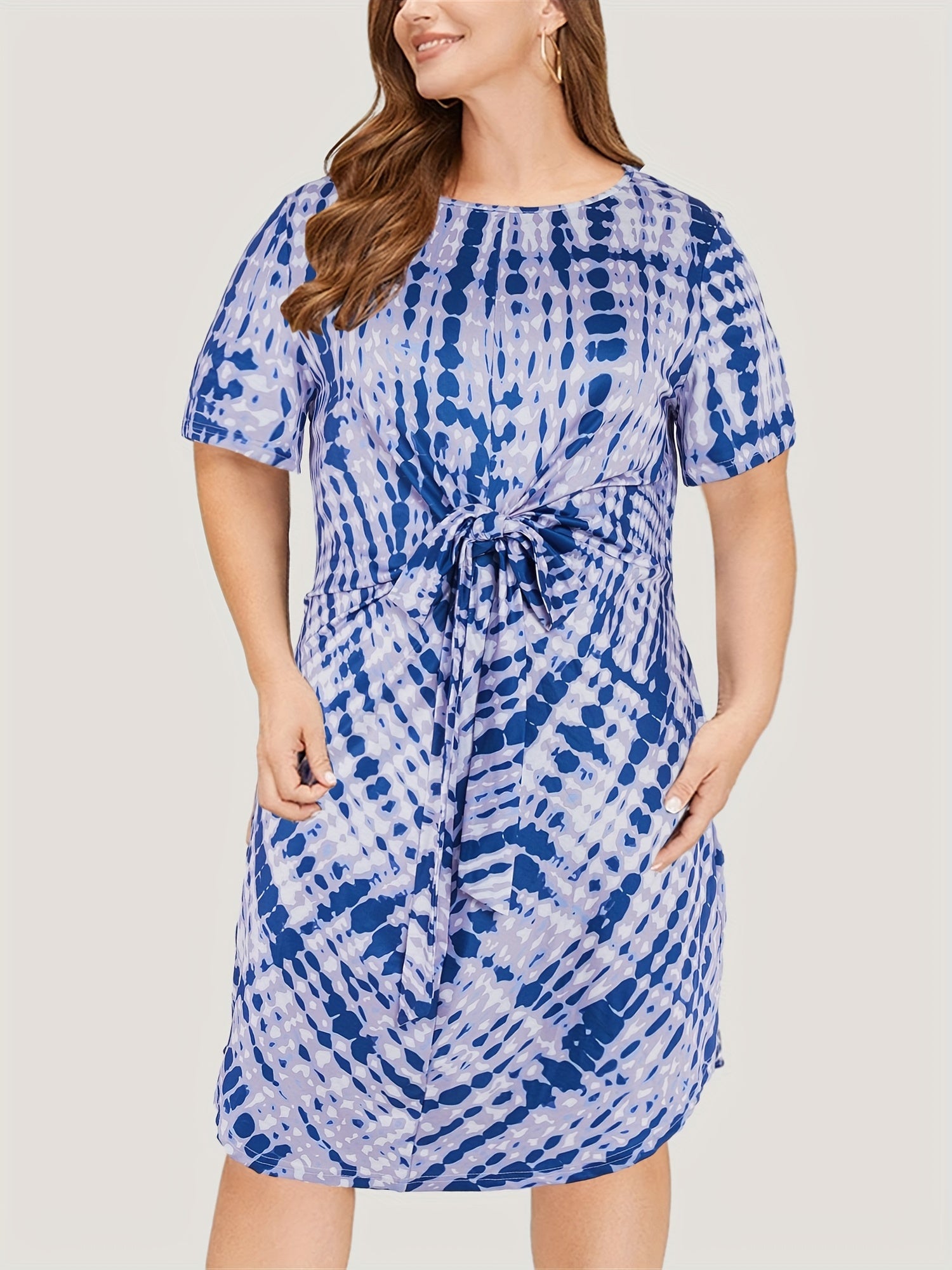  Tie Dye Short Sleeve Round Neck Belted Dress