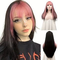 Long Straight Wig With Bangs Pink Strips Full Wig For Cosplay Party