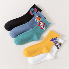 5 Pairs Letter Print Crew Sports Socks