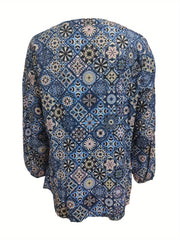  Boho Blouse Women's Plus Graphic Print Long Sleeve Notched Neck Top