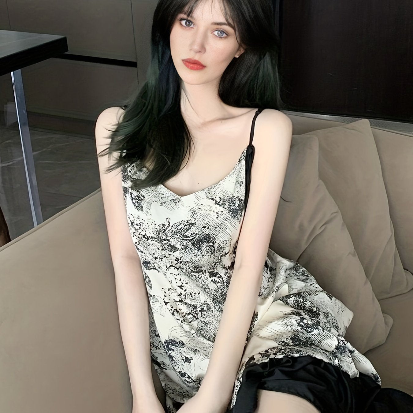 Ink Painting Print Nightdress Sexy V Neck Ruffle Spaghetti Strap