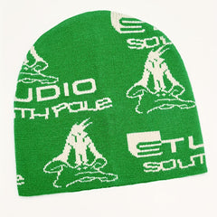 Green Anime Jacquard Beanie Y2K Unisex Knit Hat Hip Hop Elastic Windproof