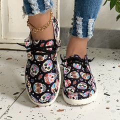 Floral Skull Print Slip-On Canvas Shoes Women Low Top Sneakers