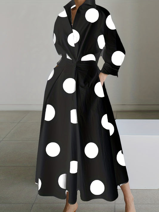  Women's Dot Print Long Sleeve Maxi Shirt Dress
