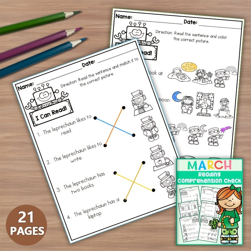 March Reading Comprehension Worksheets for Early Learners Green Paper