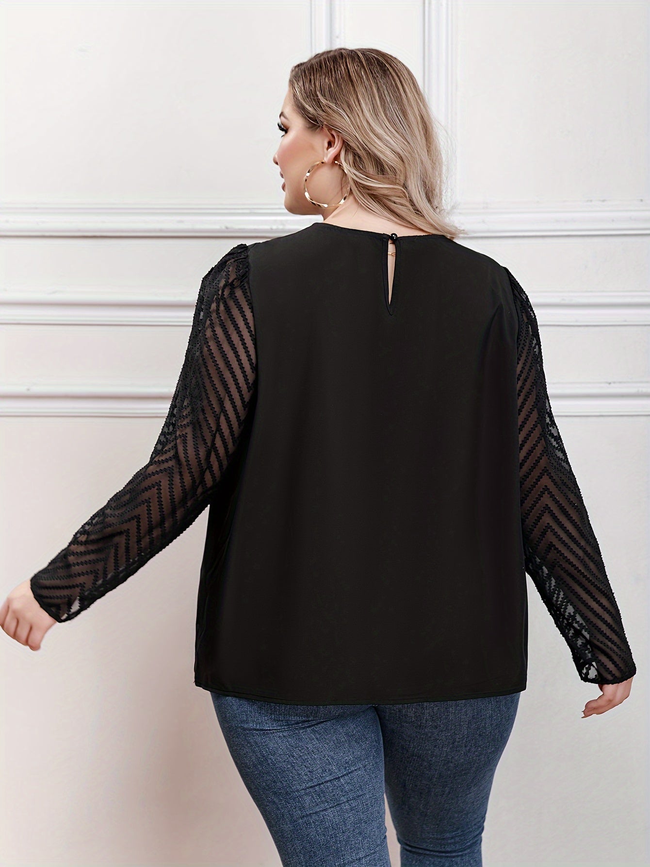  Chevron Print Mesh Sleeve Ruched Blouse