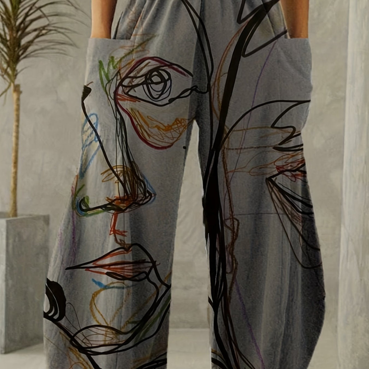 Graffiti Print Wide Leg Pants with Pockets