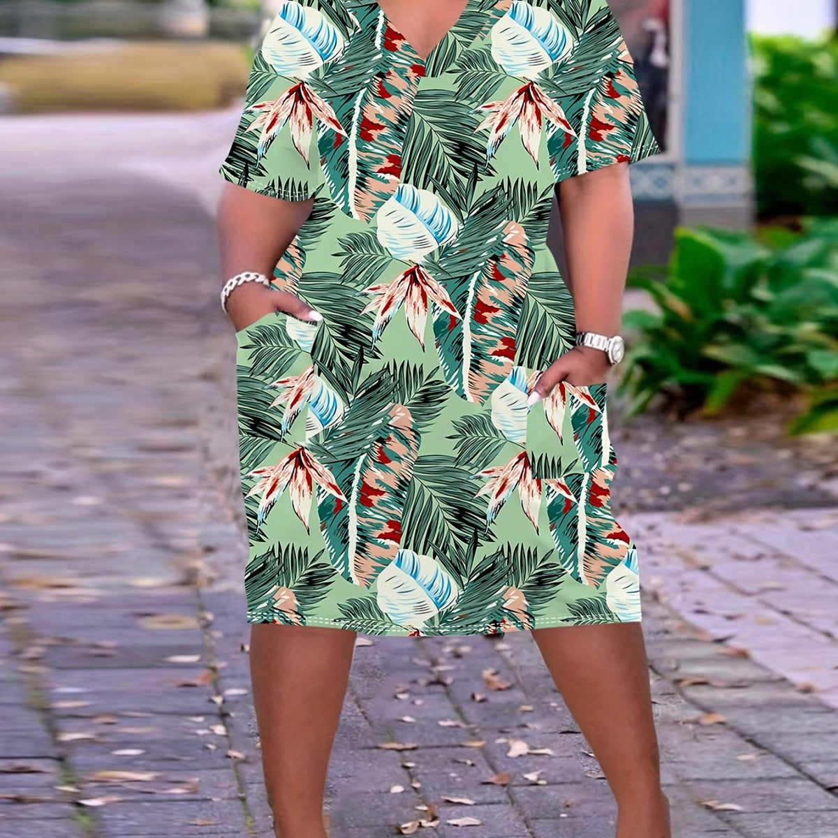 Women's Plus Tropical Print V Neck Dress With Pockets