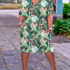 Women's Plus Tropical Print V Neck Dress With Pockets
