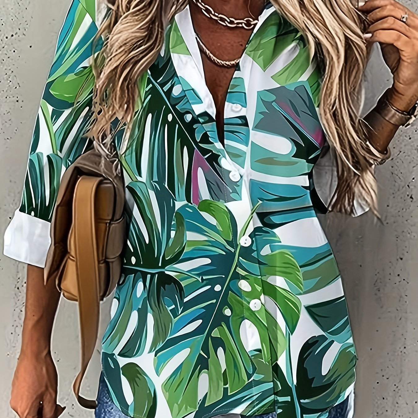  Tropical Print Button Up Long Sleeve Shirt Top