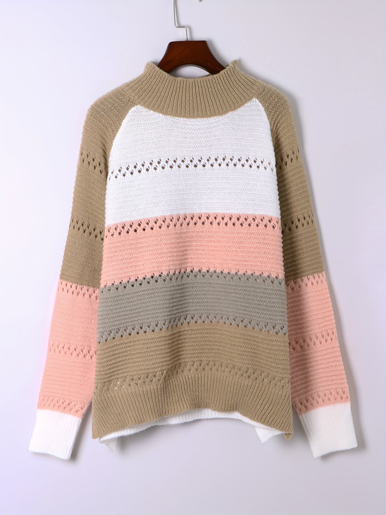  Colorblock Long Sleeve Mock Neck Knitted Sweater