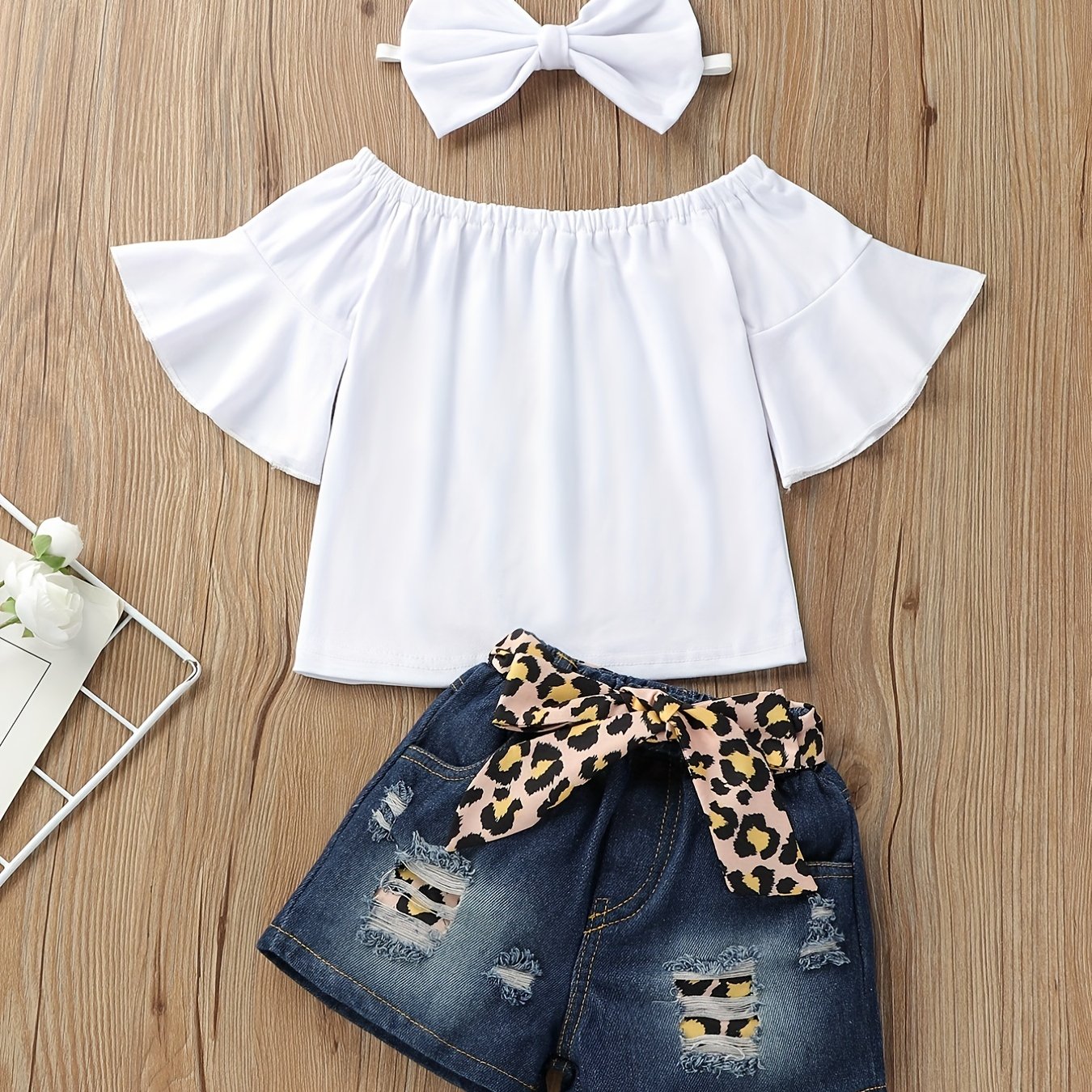 3pc Girls Off Shoulder Top & Denim Jeans Set + Headband