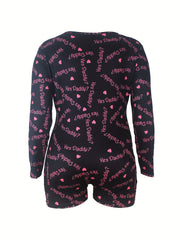  Sexy Lounge Romper Women's Plus Heart & Letter Print Long Sleeve