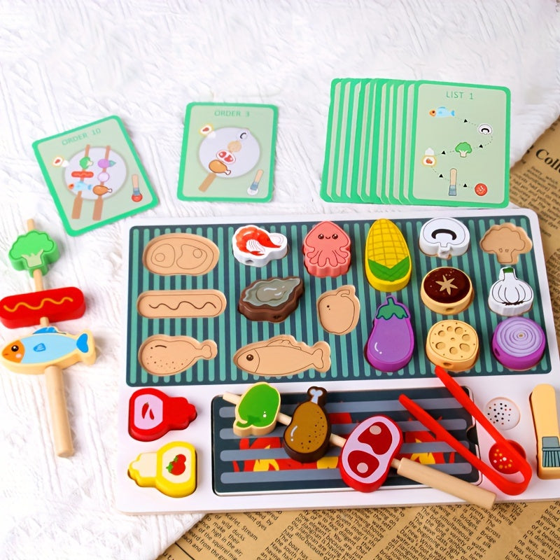 Wooden BBQ Grill Playset for Kids Pretend Play Barbecue Food Toys