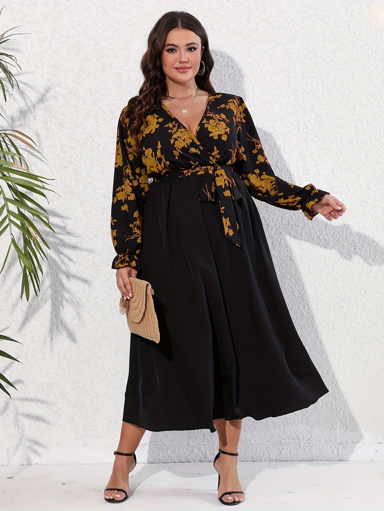  Colorblock Floral Print Surplice Neck Dress