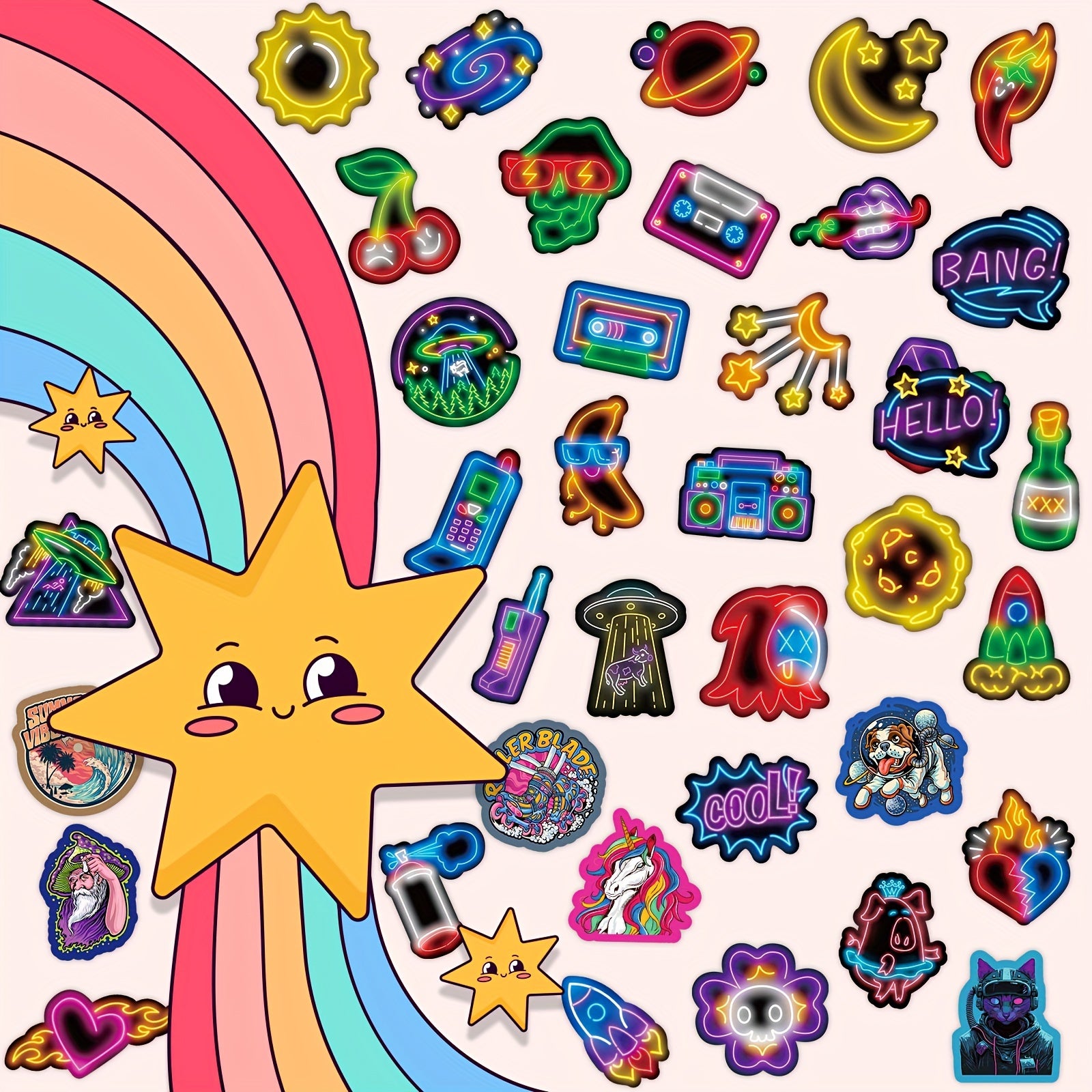 200 Neon Stickers Variety Pack | Self-Adhesive Vinyl Decals