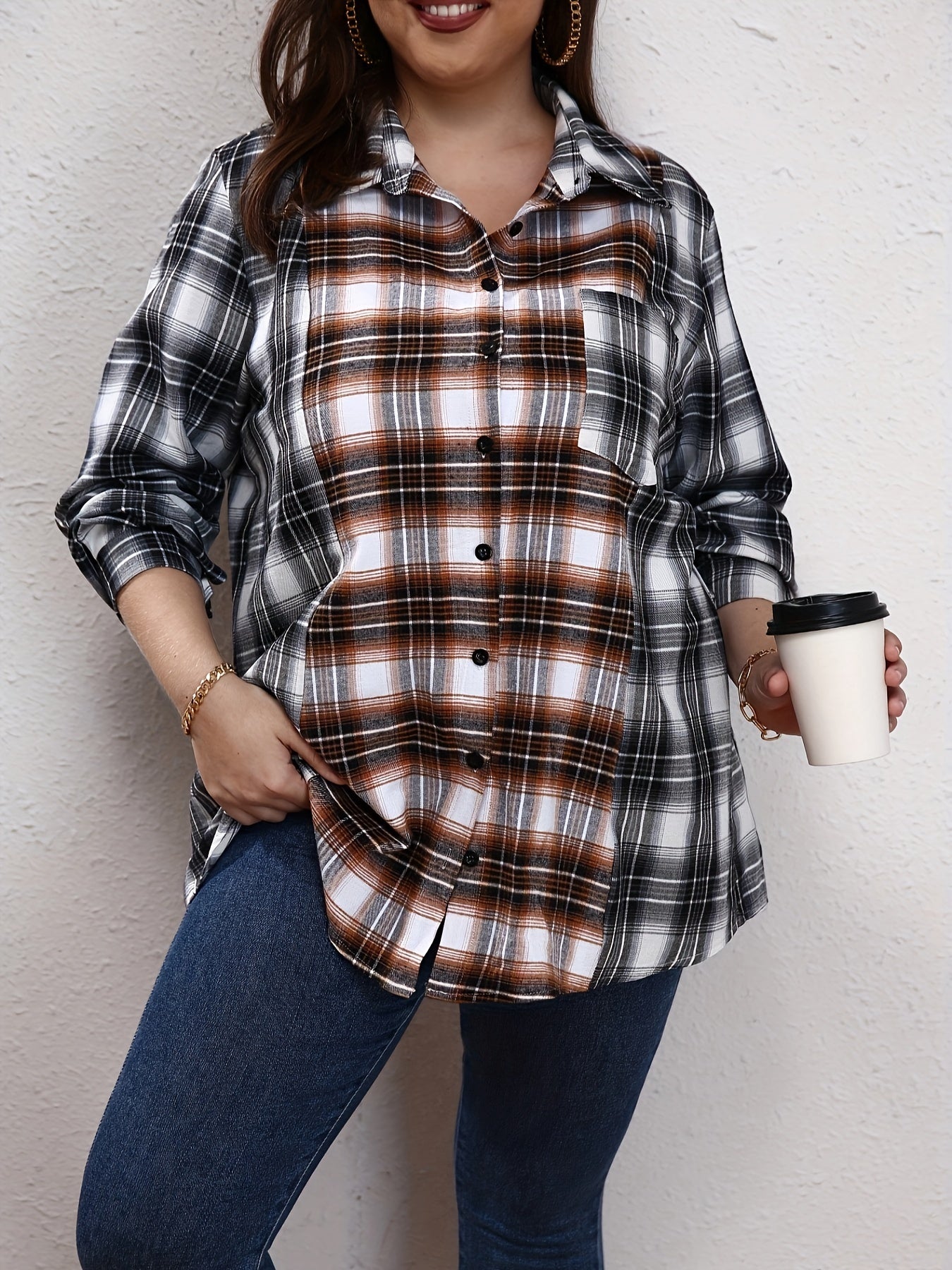  Colorblock Plaid Print Long Sleeve Blouse