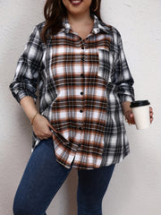  Colorblock Plaid Print Long Sleeve Blouse