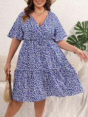 Floral Print Deep V Neck Plus Size Wrap Dress
