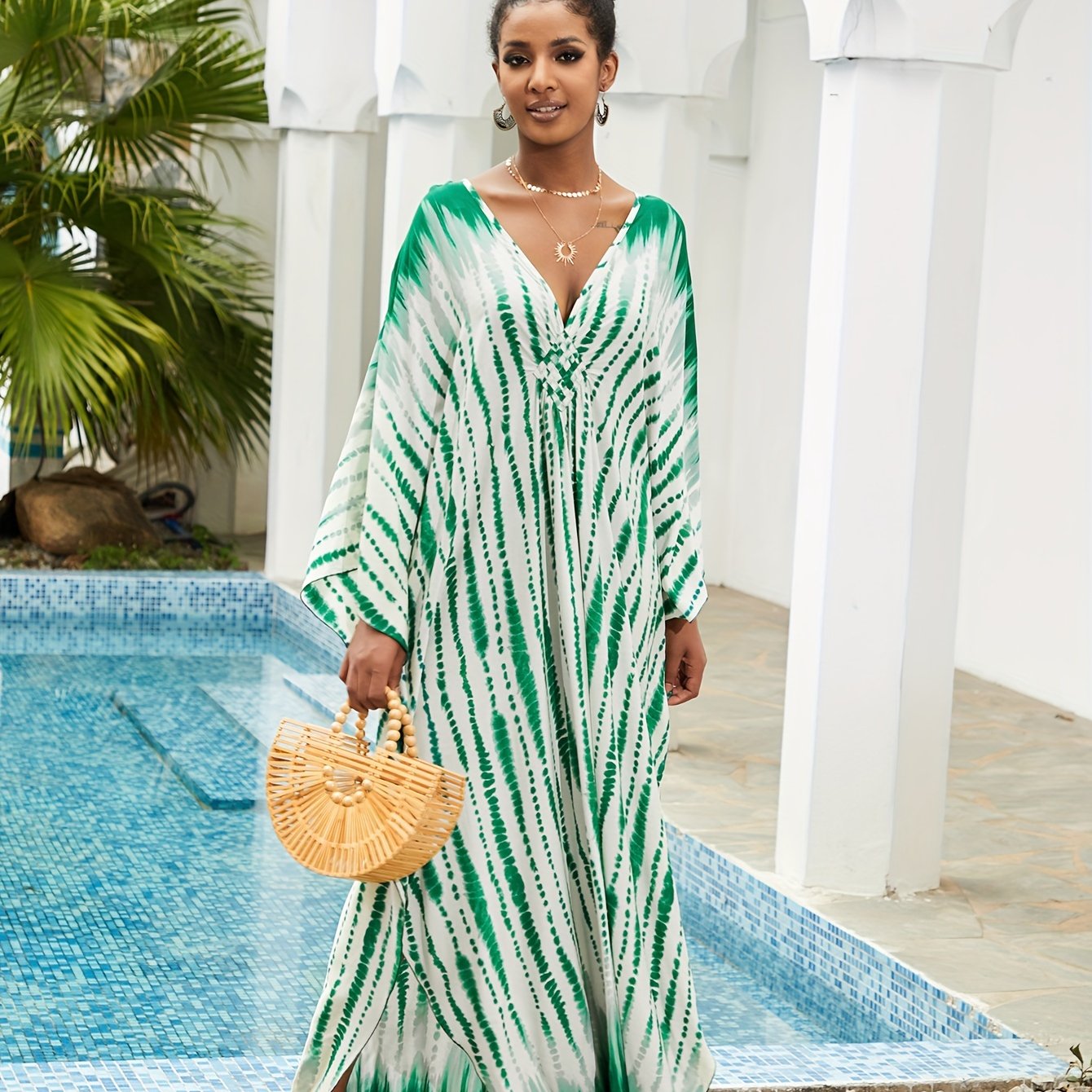  Boho Kaftan Dress Tie Dye Striped Print V Neck Maxi Beach Dress