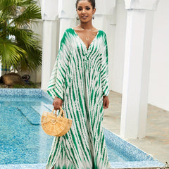 Boho Kaftan Dress Tie Dye Striped Print V Neck Maxi Beach Dress