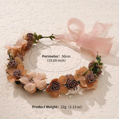 MIALLO Floral Headband Soft Fabric Flower Crown with Pink & Brown Blooms