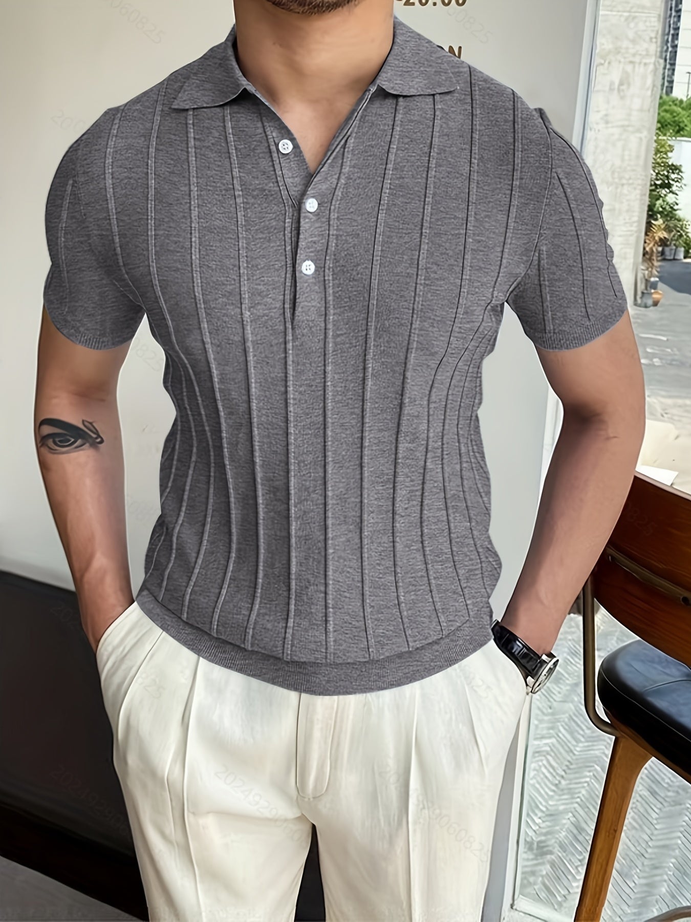 Mens Striped Polo Shirt Solid V Neck Sweater Summer
