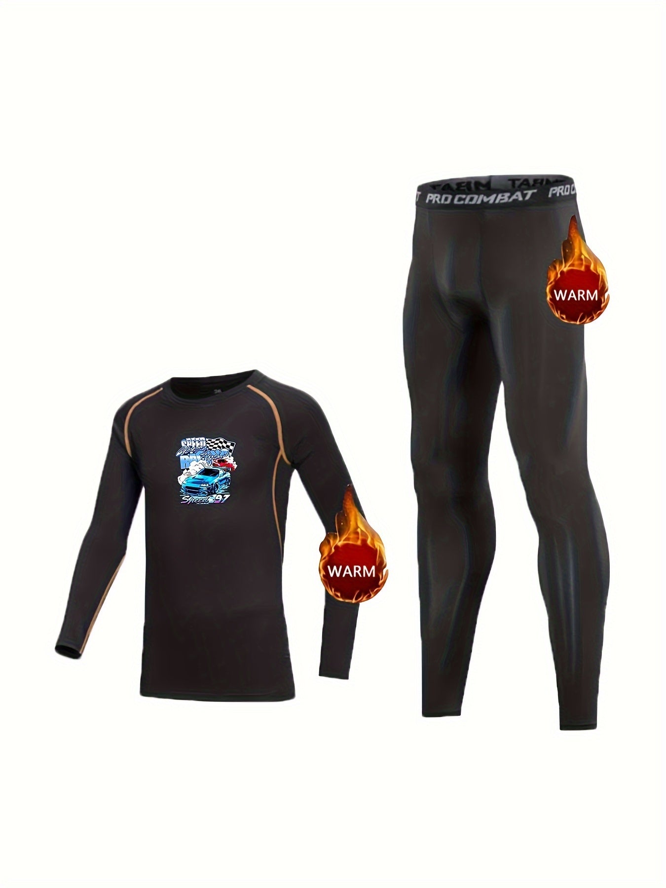 Kids Fleece Lined Compression Base Set Speed Racing Print Tops & Leggings