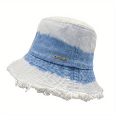 Gradient Washed Denim Bucket Hat Vintage Frayed Brim Tie Dye Sunshade Cap