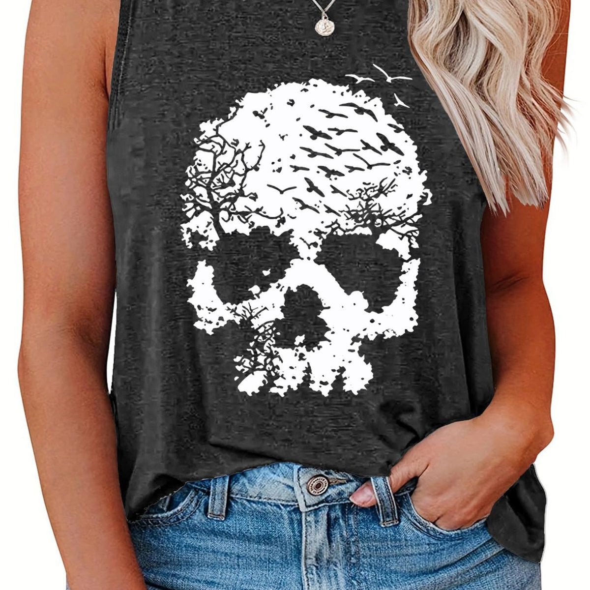  Skull Print Round Neck Vest Top