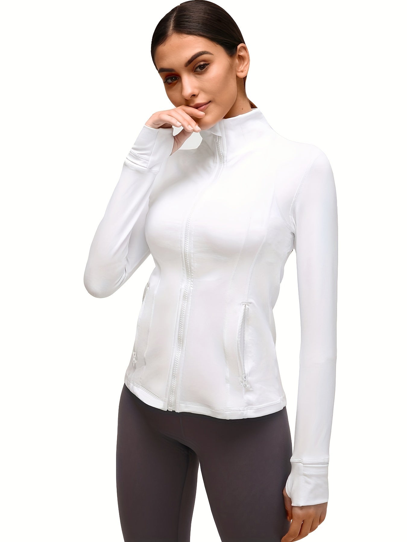 Sporty Long Sleeve Turtle Neck Workout Jacket with Zip Pockets